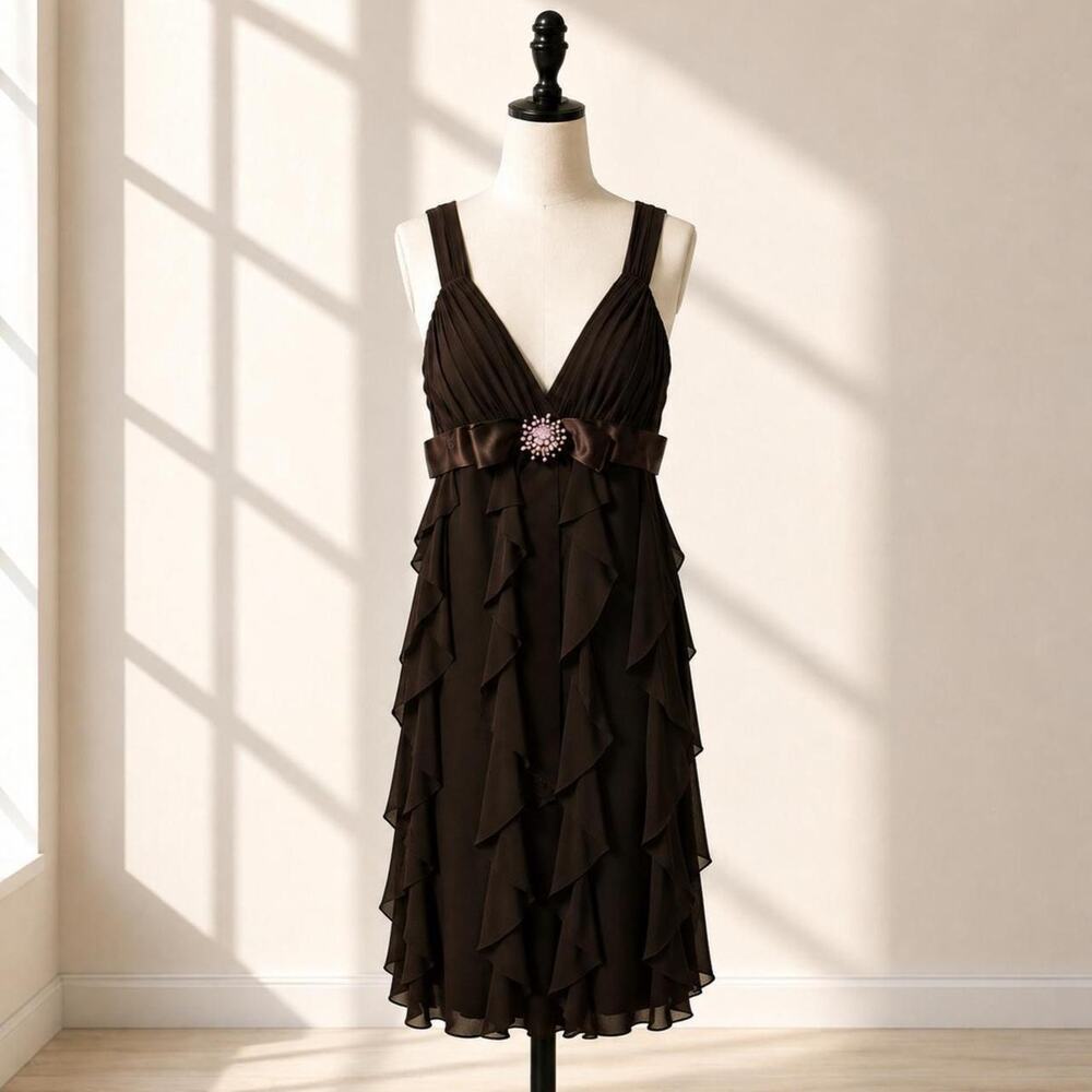 Vintage Cachet Ruffle Dress Formal Evening Sz.2 Jeweled Bow Chocolate Brown